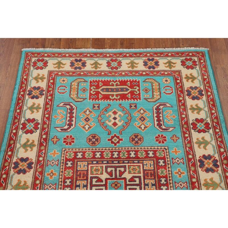 Turquoise Blue Kazak Oriental Accent Rug Handmade Wool Carpet - 3'3" x 4'11"