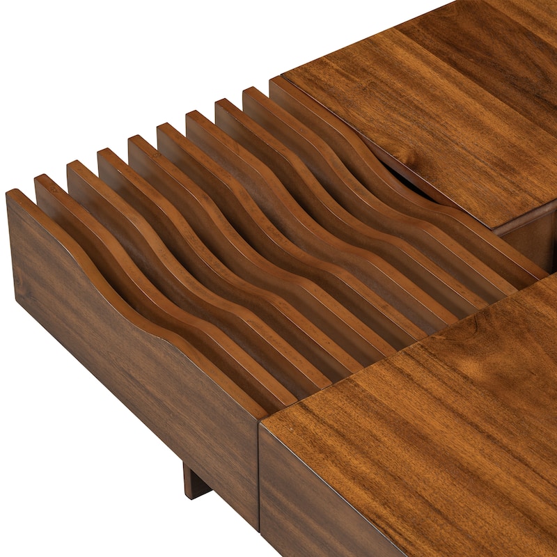 Roomfitters Square Mid-Century Coffee Table with Glass Top and 3 Storage Compartments, Solid Wood Legs
