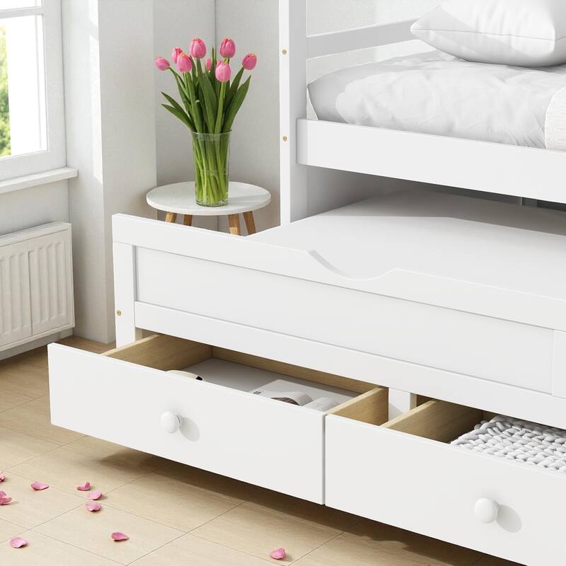 Twin Size Bed with Headboard, Footboard, Trundle, and Three Storage Drawers, Solid Pine Wood Twin Bed Frame with Storage