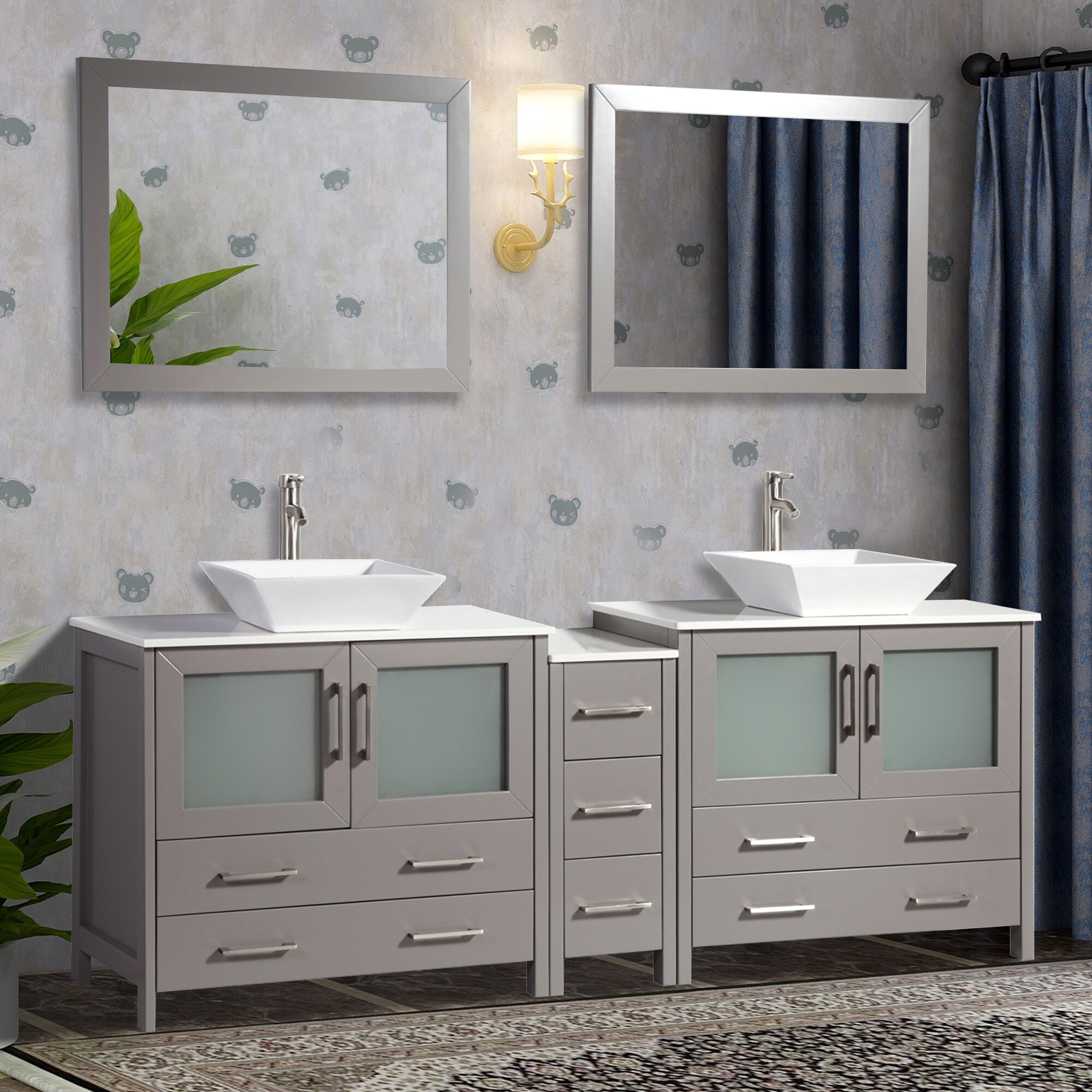 Vanity Art 84-Inch Double Sink Bathroom Vanity Set with Ceramic Top Grey