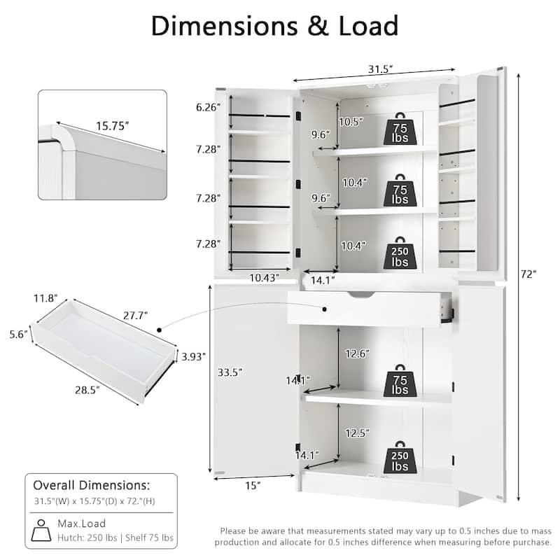 72" Tall Curved Pantry Cabinet with Adjustable Shelves, 8 Door Racks and Hidden Drawer, Farmhouse Storage Cupboard for Kitchen