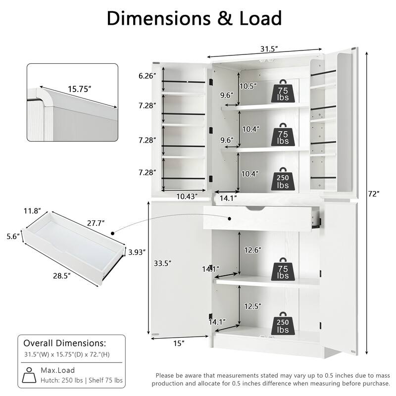 Roomfitters 72" Tall Farmhouse Kitchen Pantry Cabinet with Curved Profile & 8 Door Shelves