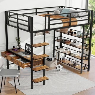 Contemporary Design Metal Loft Bed Frame with Storage Shelves and Built-in Desk, Full Size, Black