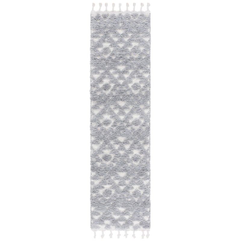 SAFAVIEH Moroccan Tassel Shag Kobi 2-inch Thick Rug - 2'3" x 8' Runner - Grey/Ivory - Runner