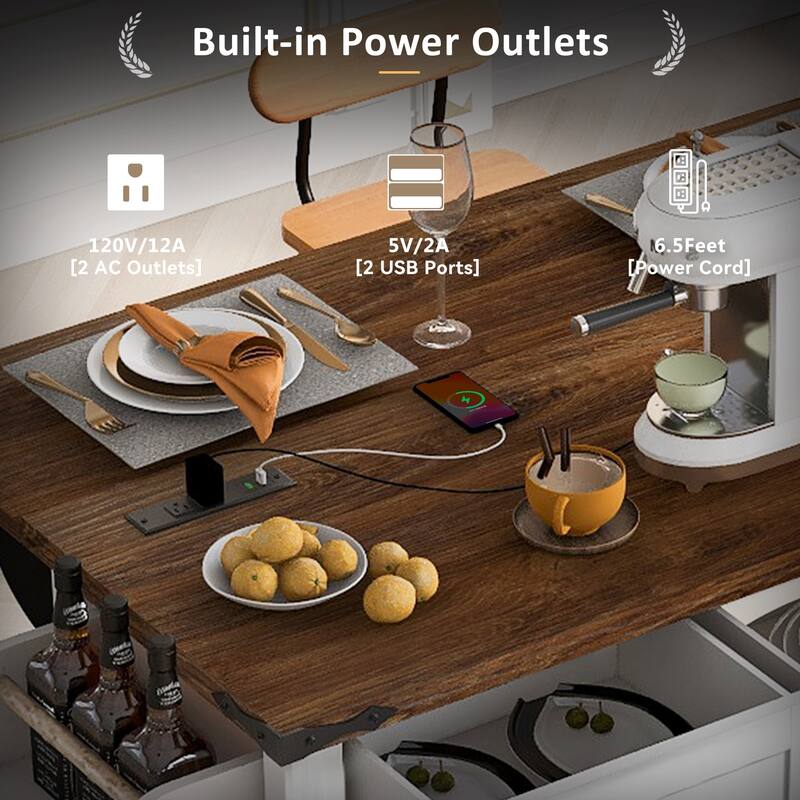MDF Kitchen Cart with Power Outlet and Spice Rack and Drawer