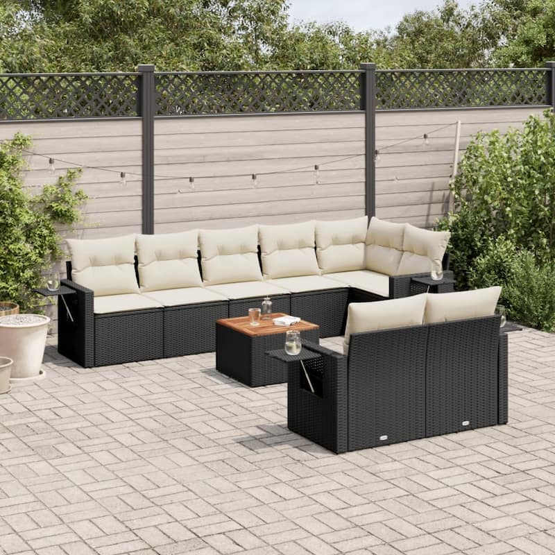 vidaXL Patio Sofa Set with Cushions Outdoor Furniture 9 Piece Poly Rattan - 24.4 x 25.8 x 27.2 - Black and Cream