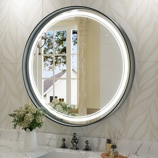 KEONJINN Round LED Front Light Bathroom Vanity Wall Mirror 3 Colors, Anti-fog, Metal Frame