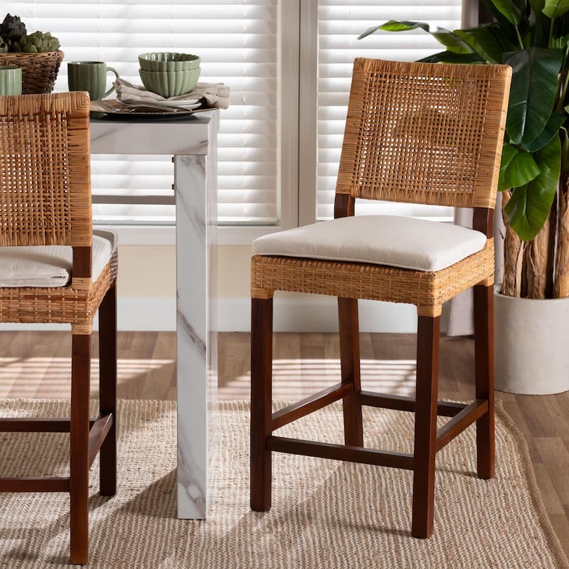 Lesia Natural Rattan Counter Stool with Cushion - Handwoven Wicker Stool with Mahogany Wood Frame, Coastal Boho Style
