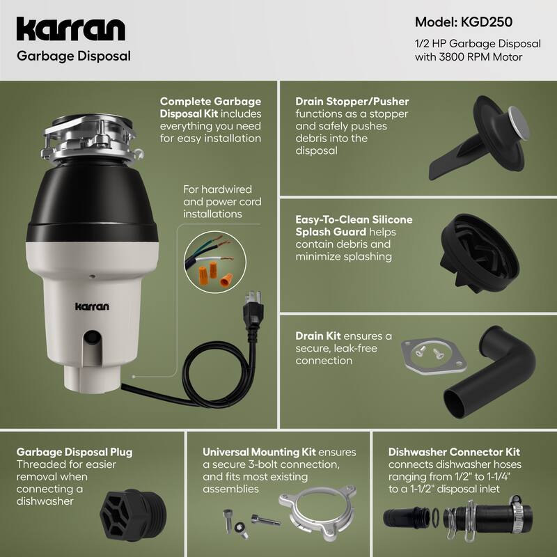 Karran USA KGD250 1/2 HP Continuous Garbage Disposal with 30 oz.