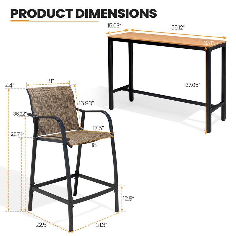 Outdoor Patio Bar Stools Set Rectangle Bar Table with Barstools