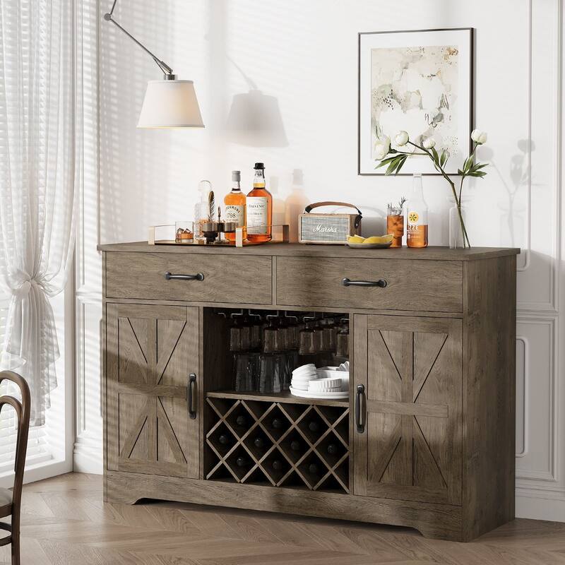 Meyreso 55" Oak Farmhouse Coffee Bar Cabinet with Hutch and Wine Storage