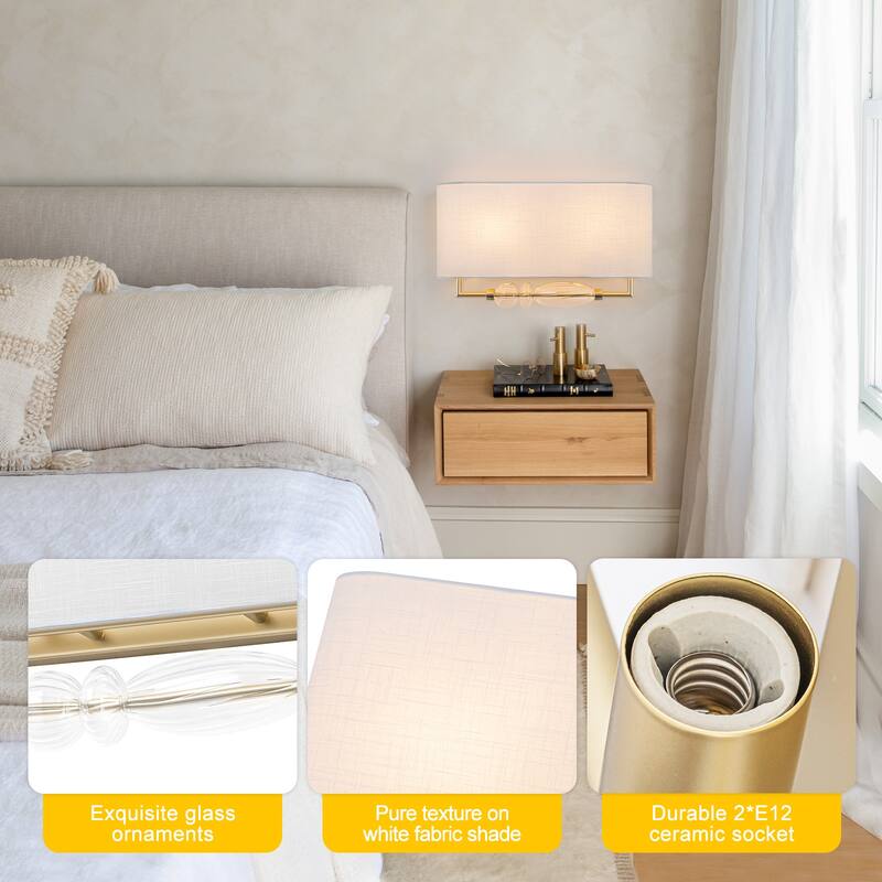 2-Light Wall Sconce Half-Open Linen Shade Striped Glass Globe Accent