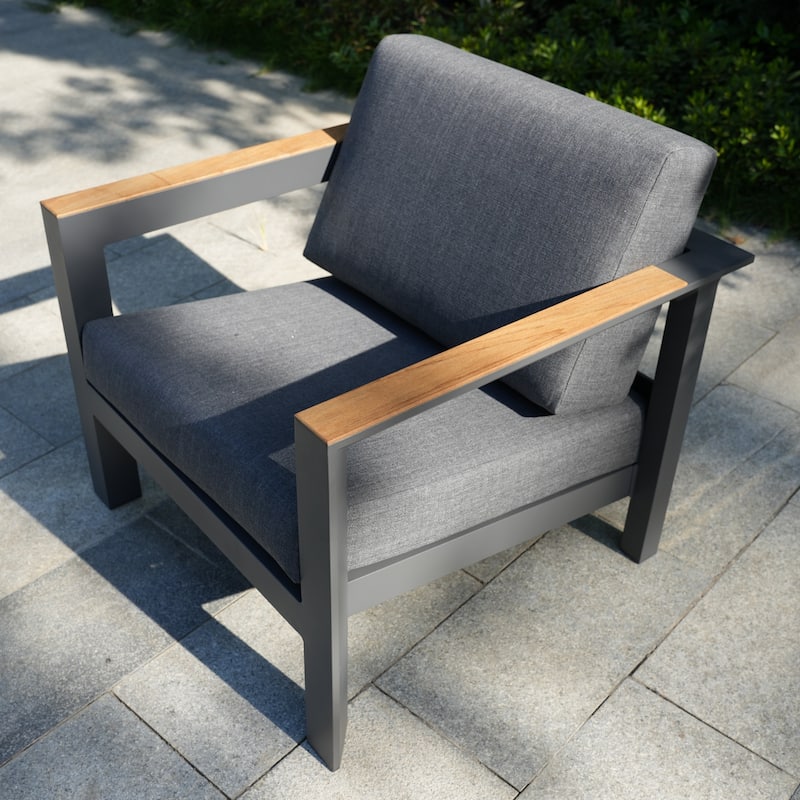 Set of Two Modern Aluminum Grey Upholstered Single Sofa Chairs with Armrest