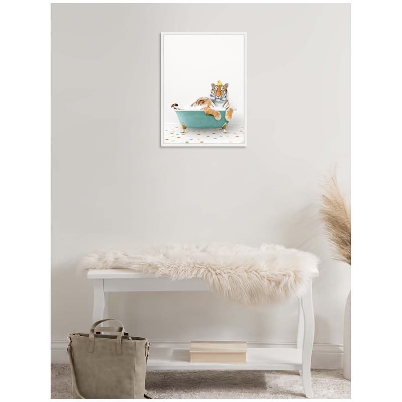 Kate and Laurel Sylvie Tiger in Teal Bathtub on Colored Tile Framed Canvas by Amy Peterson