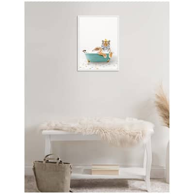 Kate and Laurel Sylvie Tiger in Teal Bathtub on Colored Tile Framed Canvas by Amy Peterson