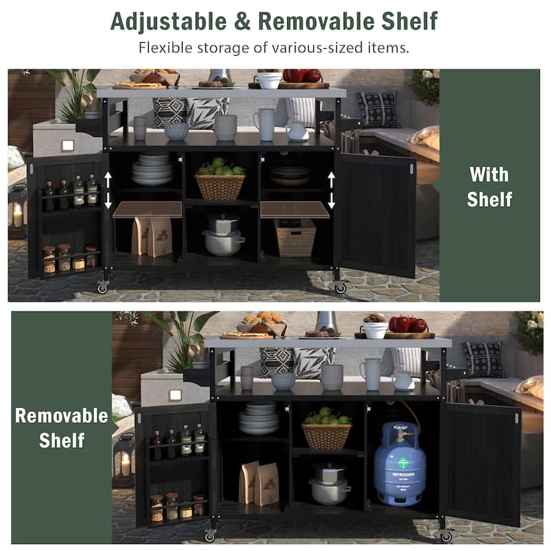 Outdoor Kitchen Island with Spice Rack, Rolling Bar Cart & Storage Cabinet, Wood Grill Table with Stainless Steel Top