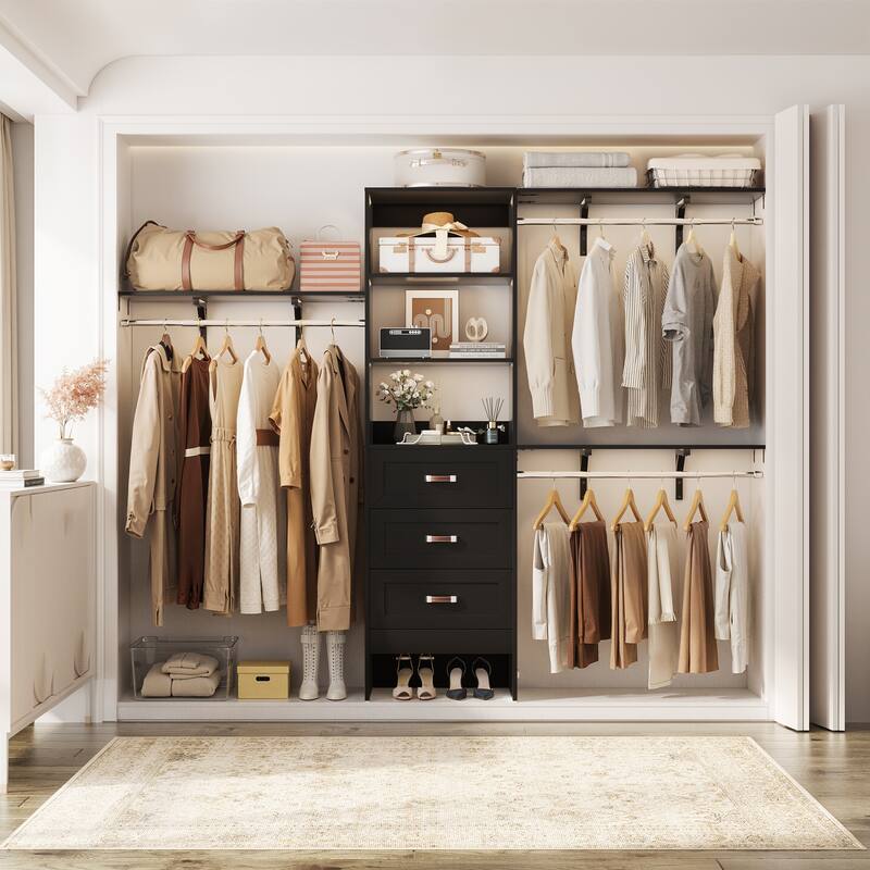 96'' Adjustable Closet Organizer with Drawers, Closet System with Hanging Rods and Storage Shelves