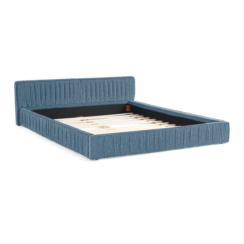 Queen Size Upholstered Platform Bed with Headboard, Blue Chenille Fabric, No Box Spring Needed
