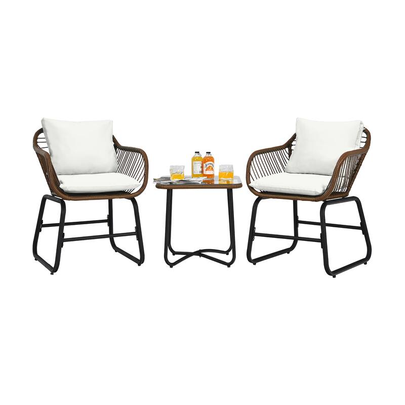 Costway 3PCS Patio Rattan Bistro Set Cushioned Chair Glass Table Deck - See Details