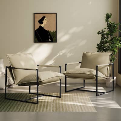 Modern Metal Frame Upholstered Sling Accent Armchair Set of 2