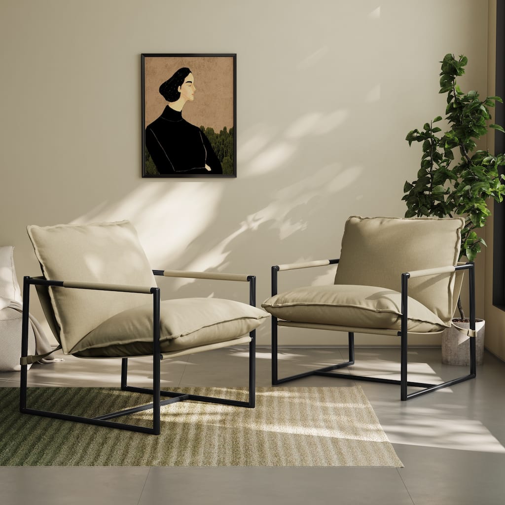 Modern Metal Frame Upholstered Sling Accent Armchair Set of 2