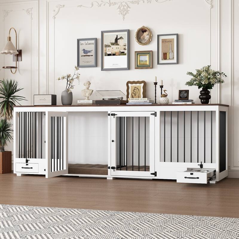 Dog Crate Furniture with Feeding Drawer and Divider, 86.6" Extra Large Indoor Dog Kennel for 2 Dogs,Pet Crate Sideboard