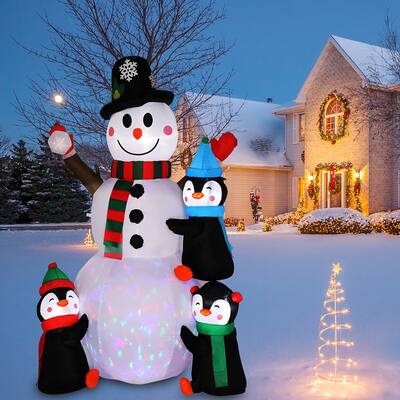 Garden Inflatable Snowman Decoration With 3 Penguins, 4 Light Strings