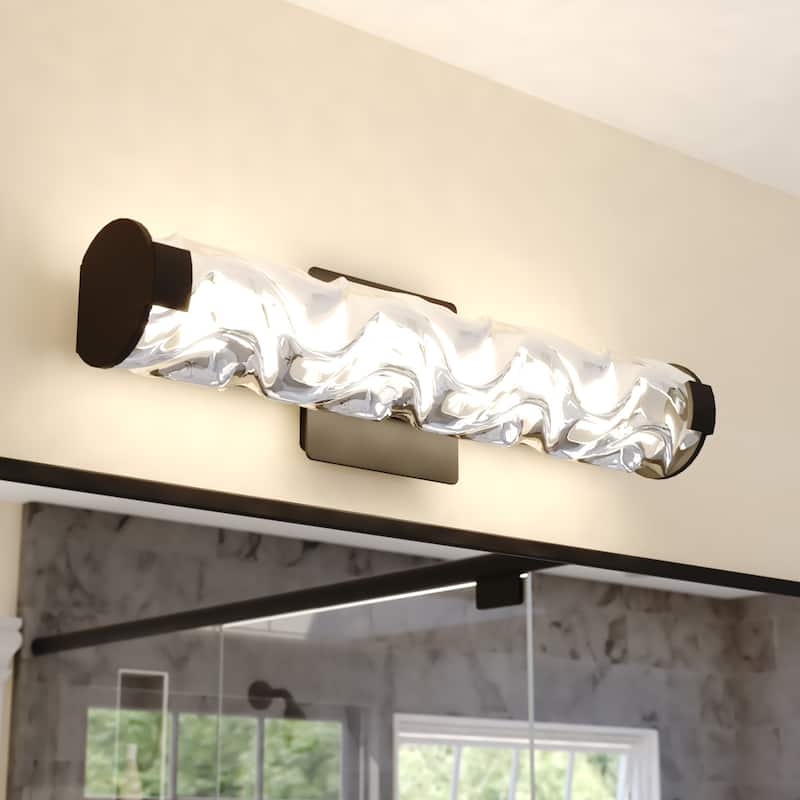 Marseille 1-Light Bathroom Vanity Lighting Fixture, Clear Wave Glass Shade, Dimmable, Integrated LED, Wall Mounted Sconce - 24-in W x 4.75-in H x 3.5-in D - Matte Black