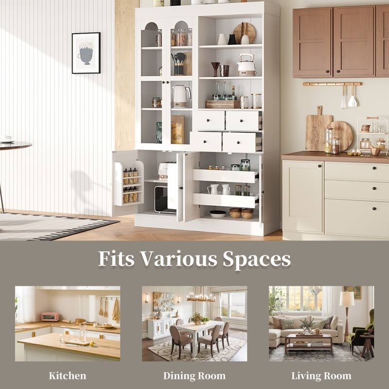 Roomfitters 75 Inch Tall Kitchen Pantry Buffet Hutch with 4 Drawers and Glass Doors, Shaker Style