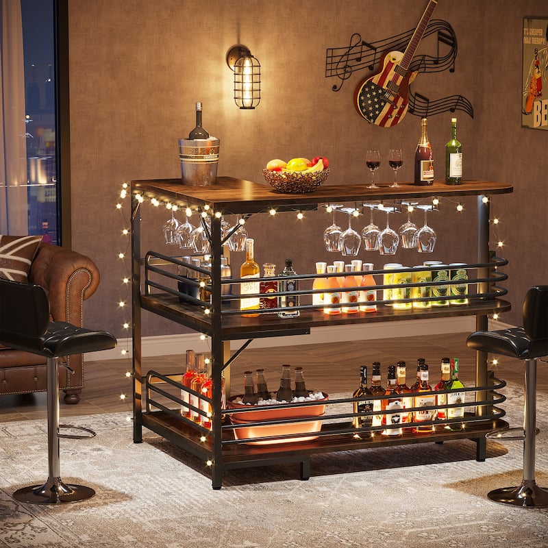 L-Shaped Home Bar Unit, 3 Tier Liquor Bar Table with Wine Glasses Holder, Corner Wine Bar Cabinet for Home Kitchen Pub