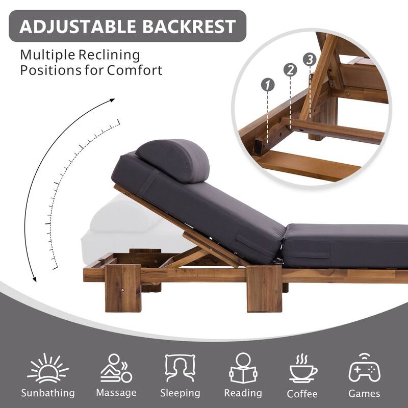 78.8'' Acacia Wood Outdoor Chaise Lounge Adjustable Recliner with Headrest & Retractable Side Tray - N/A