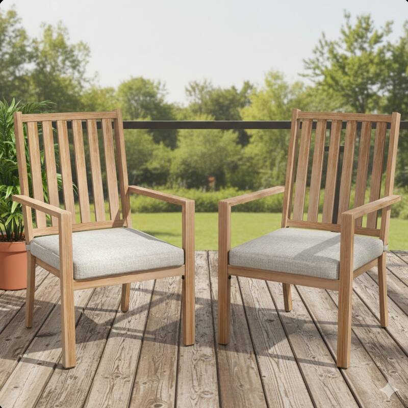 Set of 2 23" Aluminum Patio Dining Chairs Gray Cushions and Light Wood Khaki Frame