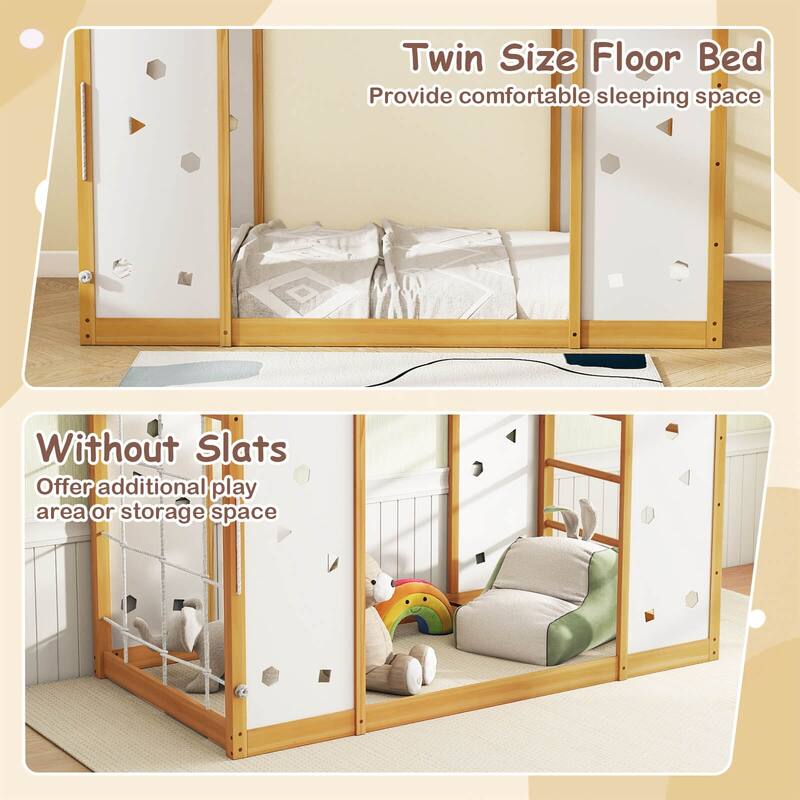 Costway Twin Size Climbing Bed, 2-in-1 Montessori Floor Bed with