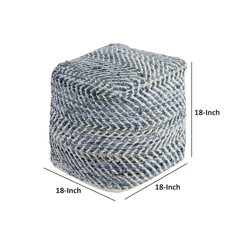 Fabric Round Shaped Pouf with Chevron Pattern, Blue
