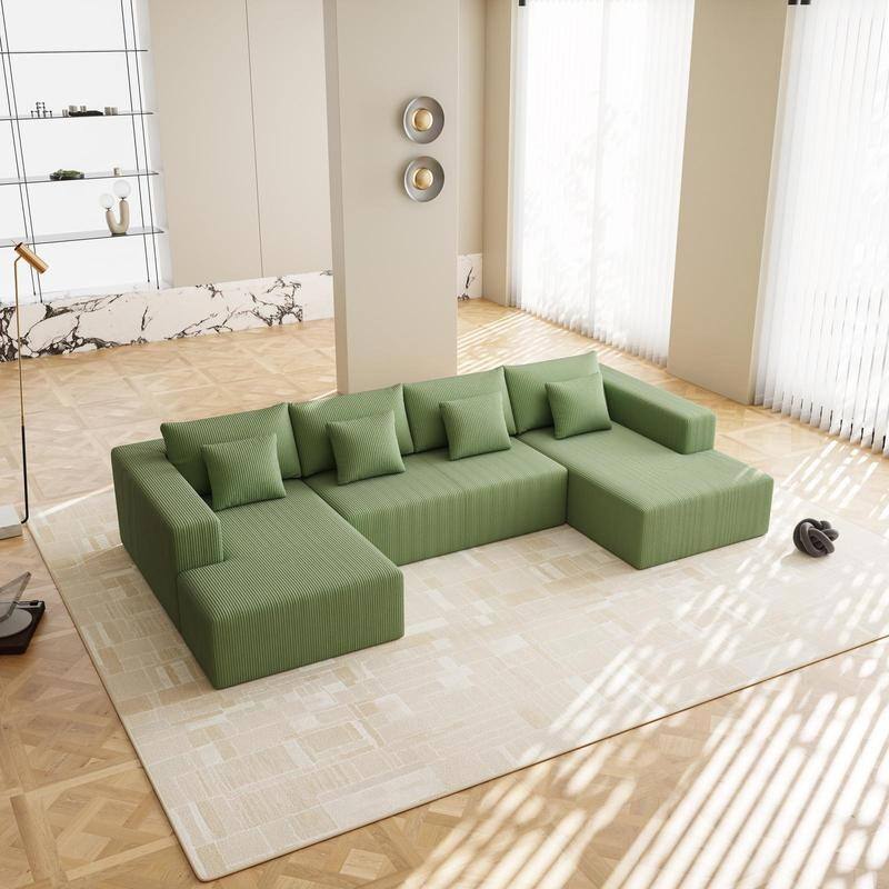 Corduroy U Shaped Sectional Sofa, Reversible, Spacious, Plush Cushions - Green