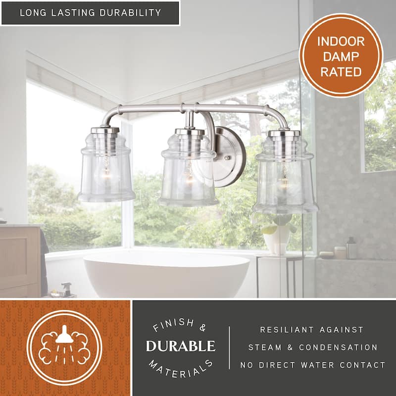Toledo 3 Light Satin Nickel Industrial Jar Bathroom Vanity Fixture - 22-in W x 8.25-in H x 8-in D