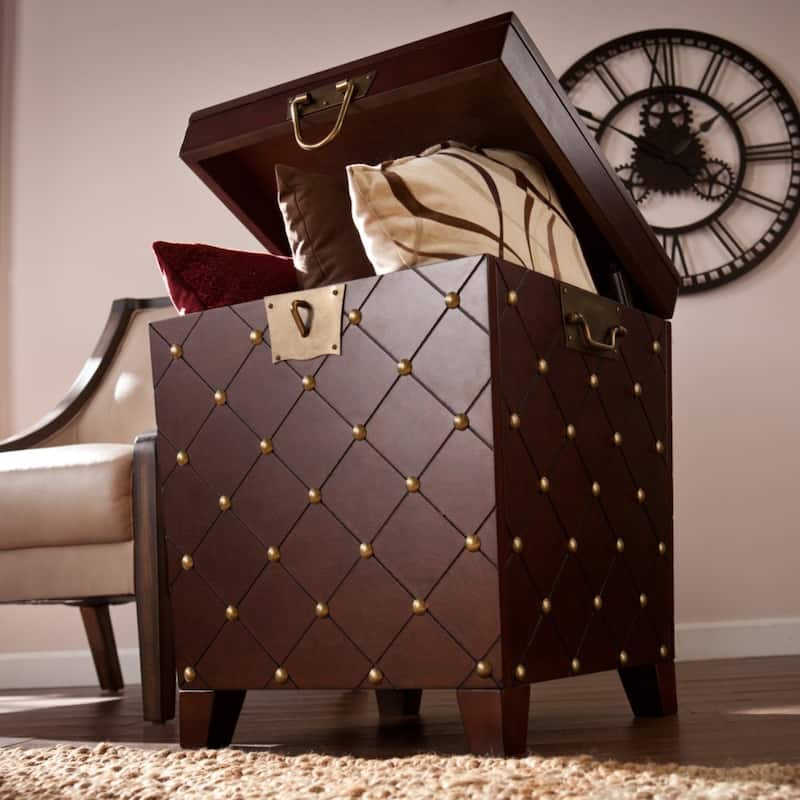 24" Brown MDF Wood Square End Table with Storage and Nailhead Trim for Living Room or Bedroom - 24"H x 21"L x 21.25"W
