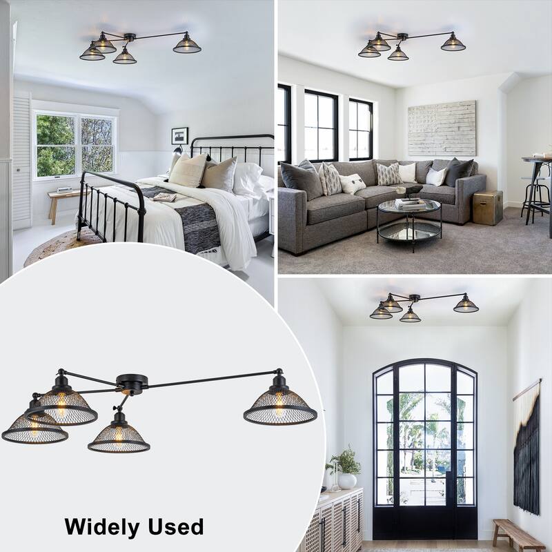 4 Lights Industrial Cone Shaped Iron Mesh Flush Mount Ceiling Light - Dia.47.24-in