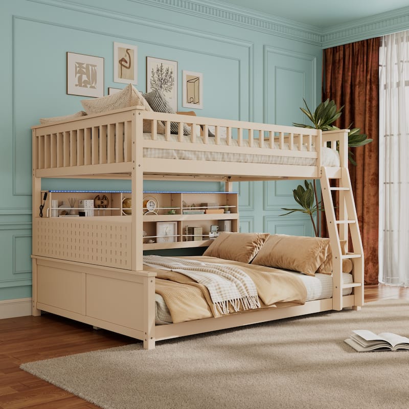 Full XL over Queen/Full over Full Bunk Bed with Integrated Shelving, Color-Changing Lights & Pegboard
