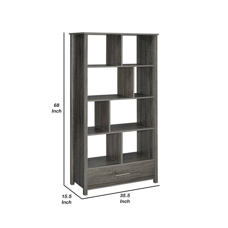 Wim 68 Inch Geometric Bookcase Etagere with 8 Shelves, Weathered Gray