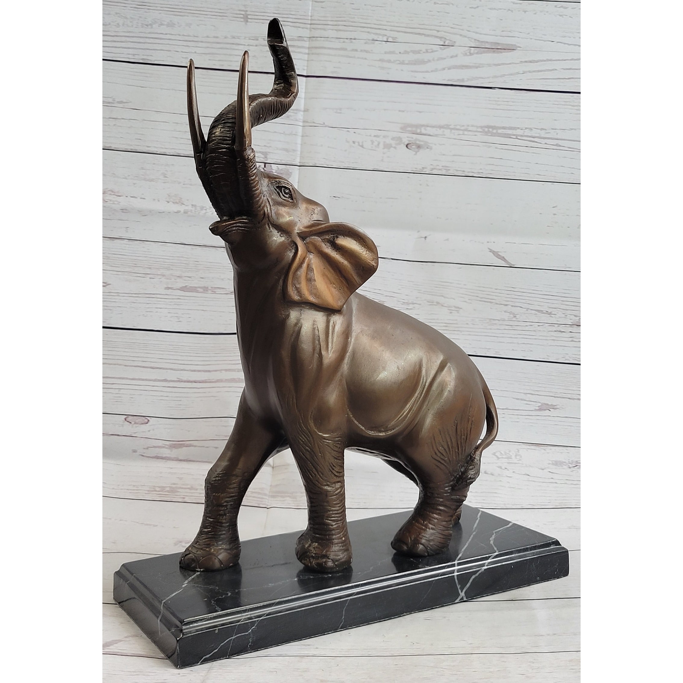 Trumpeting Happy Elephant Bronze Statue Sculpture Marble Base 16 Inches X 10 Inches
