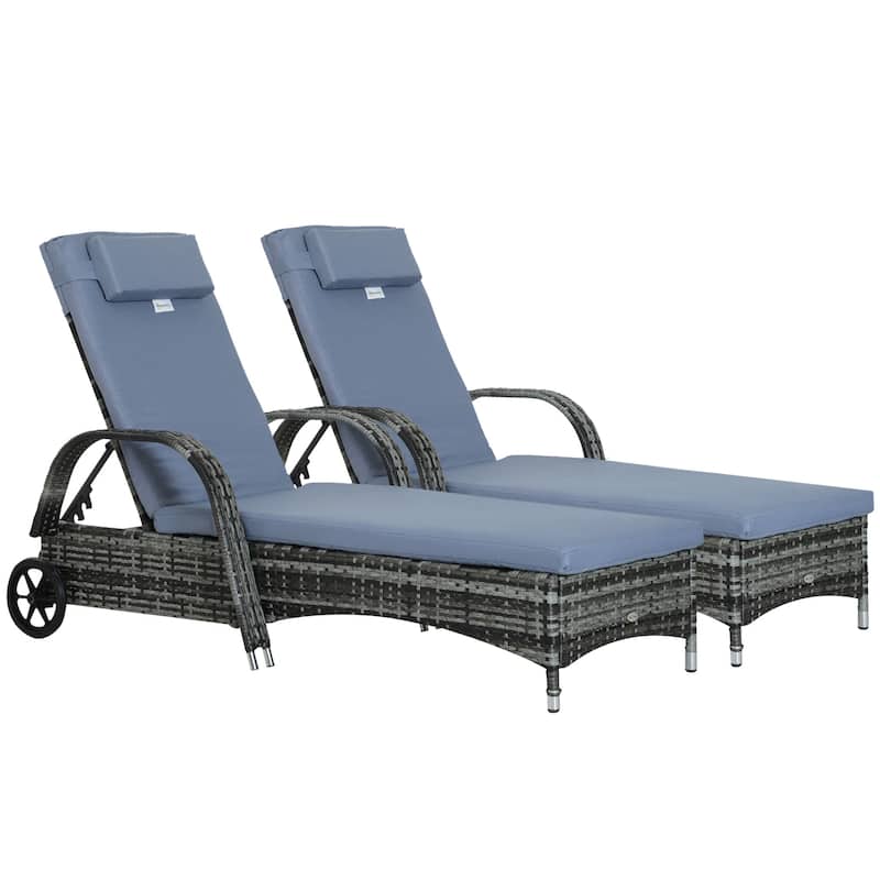 Outsunny Reclining Chaise Lounge Chair, Thickly Cushioned, Headrest, Armrests, Rolling Outdoor PE Rattan Sun Bathing Chair