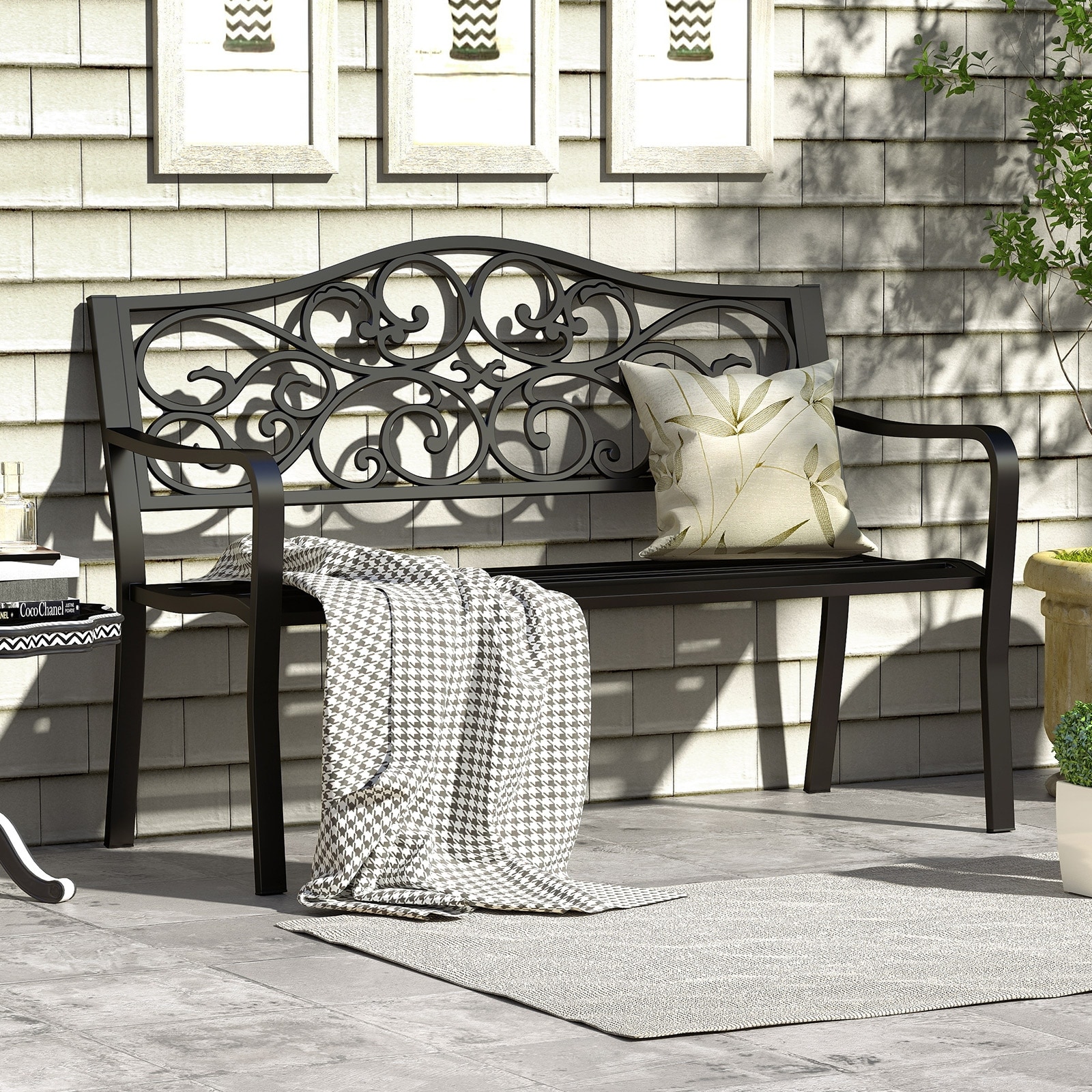 50-Inch Black Cast Iron Outdoor Metal Loveseat Garden Bench with Floral Backrest for 2-3 People - 50