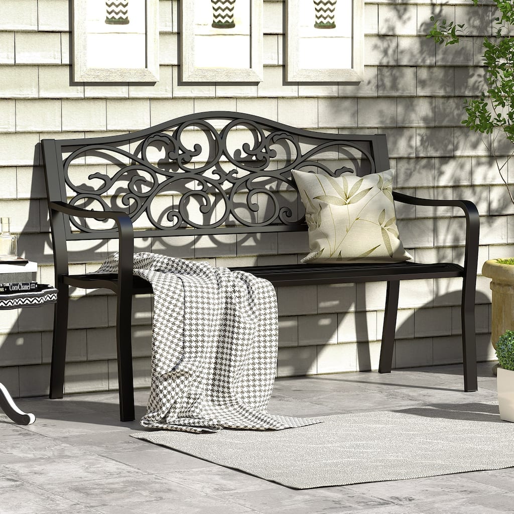 50-Inch Black Cast Iron Outdoor Metal Loveseat Garden Bench with Floral Backrest for 2-3 People - 50" x 24.5" x 35"