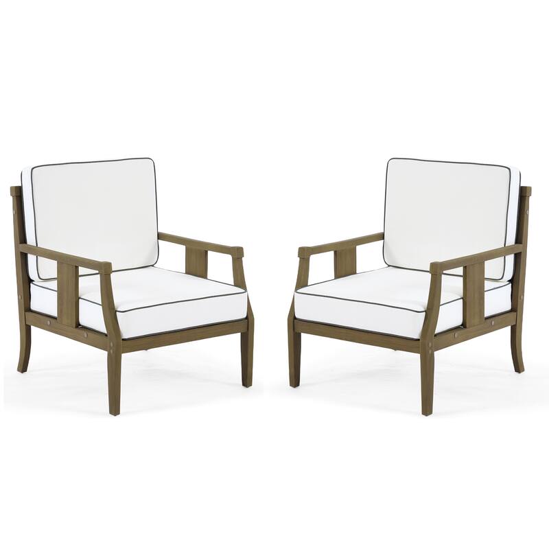Set of 2 Outdoor Teak Wood Armchairs with Cushions, Patio Club Chairs
