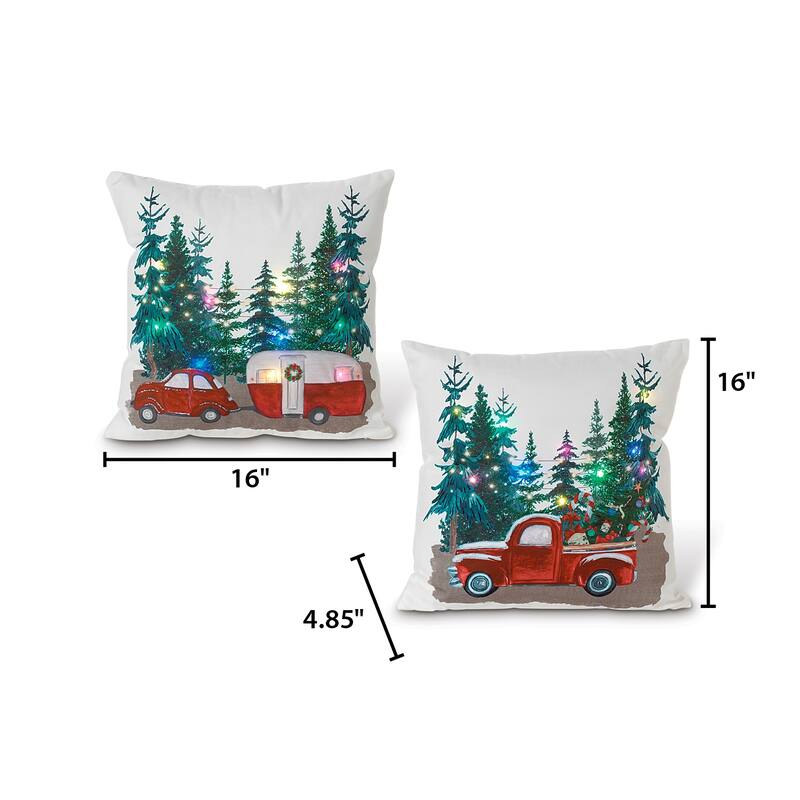 Set of 2 Lighted Faabric Red Truck Holiday Throw Pillows with Timer