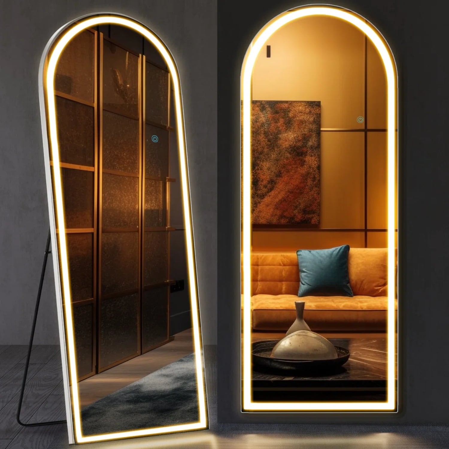 Arched Full Length Mirror with LED Lights, 26"x71" Lighted Floor Mirror with Dimming & 3 Color Lighting, Stand