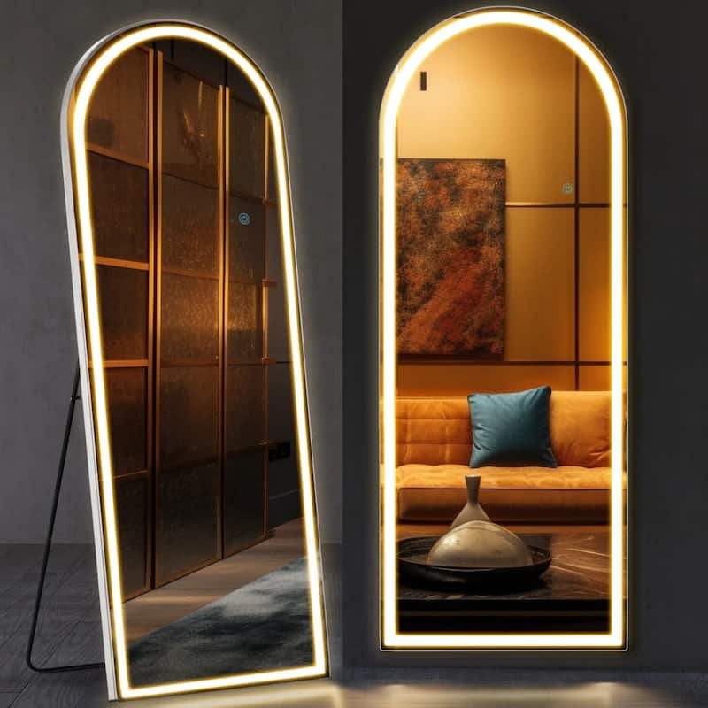 Arched Full Length Mirror with LED Lights, 26"x71" Lighted Floor Mirror with Dimming & 3 Color Lighting, Stand - 26*71