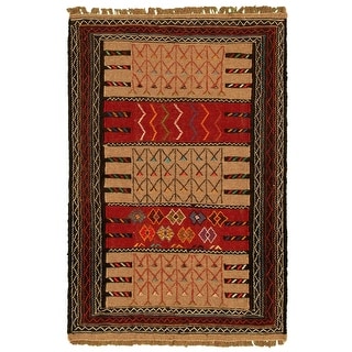 eCarpet Gallery Area Rug for Living Room Hand-Knotted Wool Rug 332957 Bedroom Ottoman Natura Bordered Red Kilim 3'7 x 5'5 