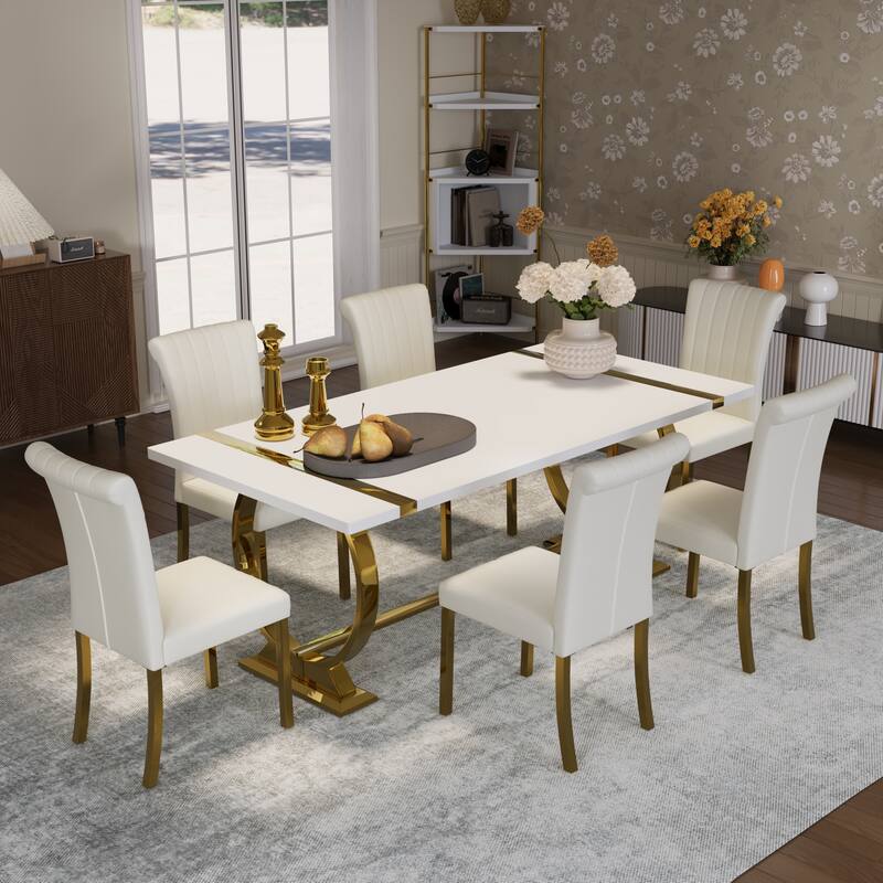 Luxury Dining Table Set with PU Leather Dining Chairs - White and Gold - Table with 6 Chairs